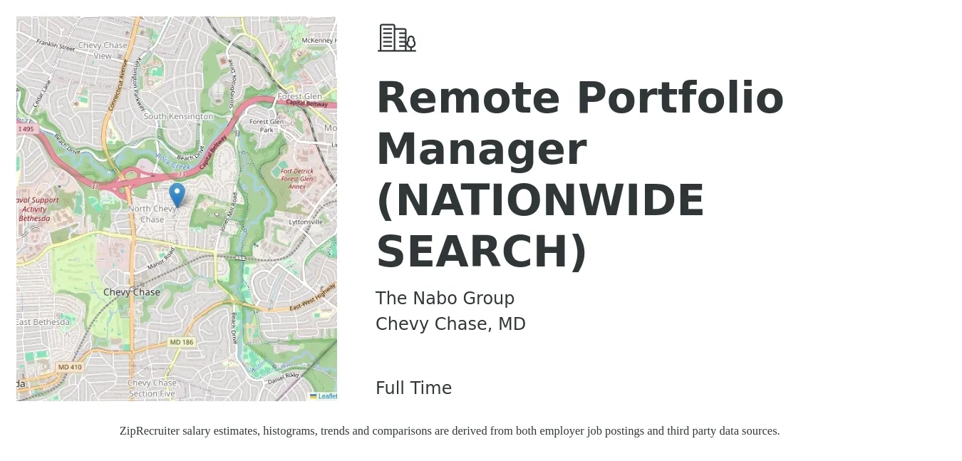 The Nabo Group job posting for a Remote Portfolio Manager (NATIONWIDE SEARCH) in Chevy Chase, MD with a salary of $35,000 to $55,000 Yearly with a map of Chevy Chase location.
