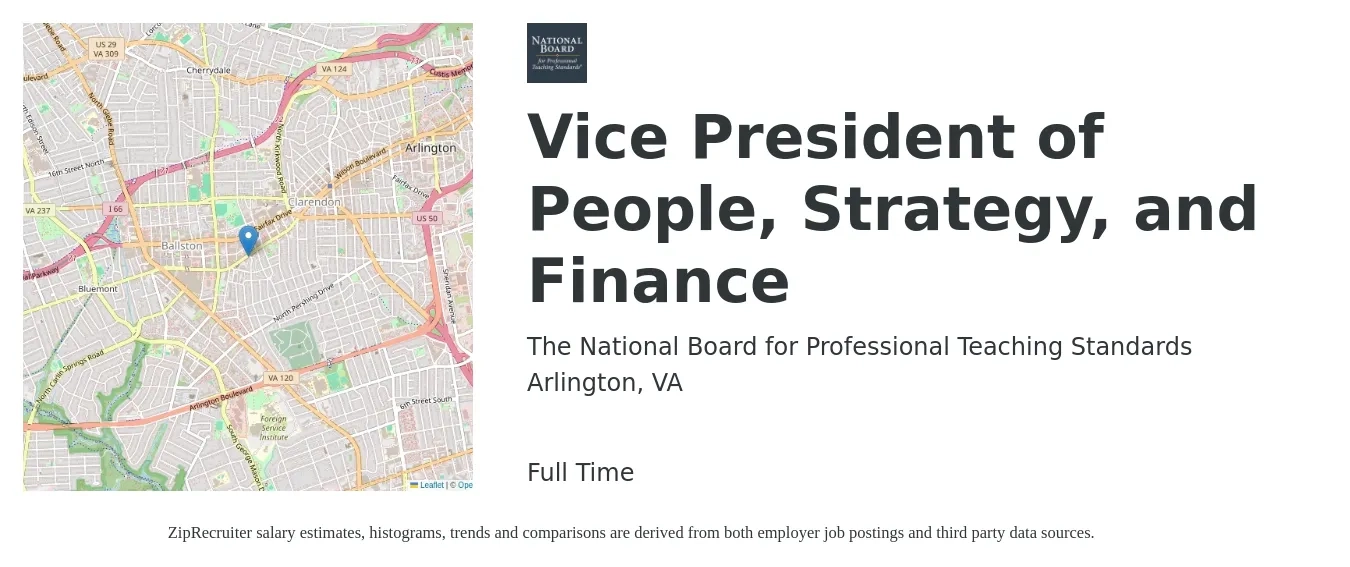 The National Board for Professional Teaching Standards job posting for a Vice President of People, Strategy, and Finance in Arlington, VA with a salary of $156,000 to $226,800 Yearly with a map of Arlington location.