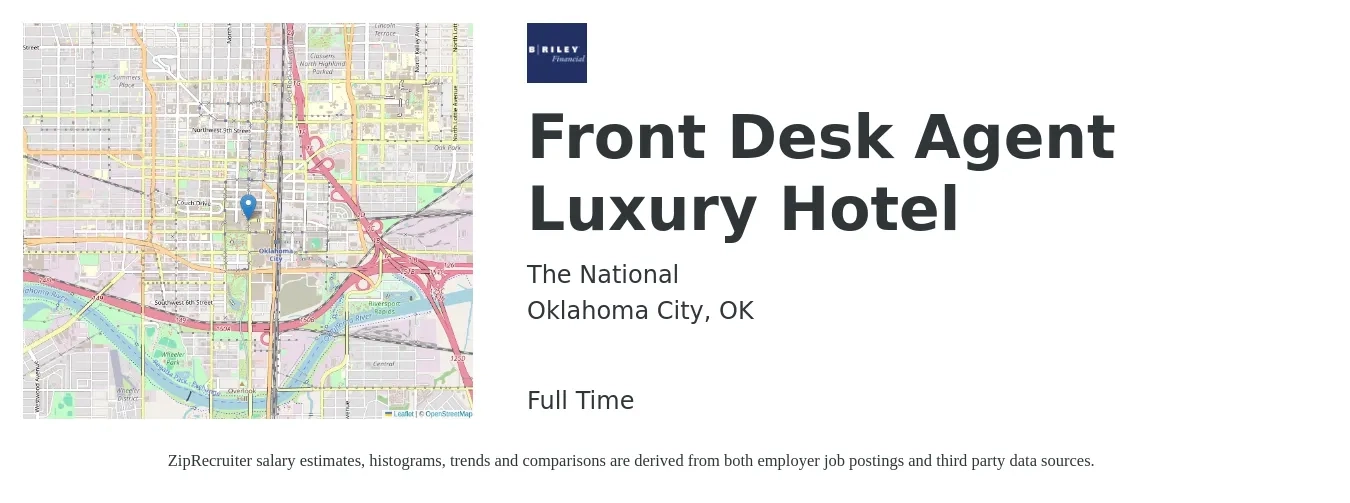The National job posting for a Front Desk Agent Luxury Hotel in Oklahoma City, OK with a salary of $13 to $17 Hourly with a map of Oklahoma City location.