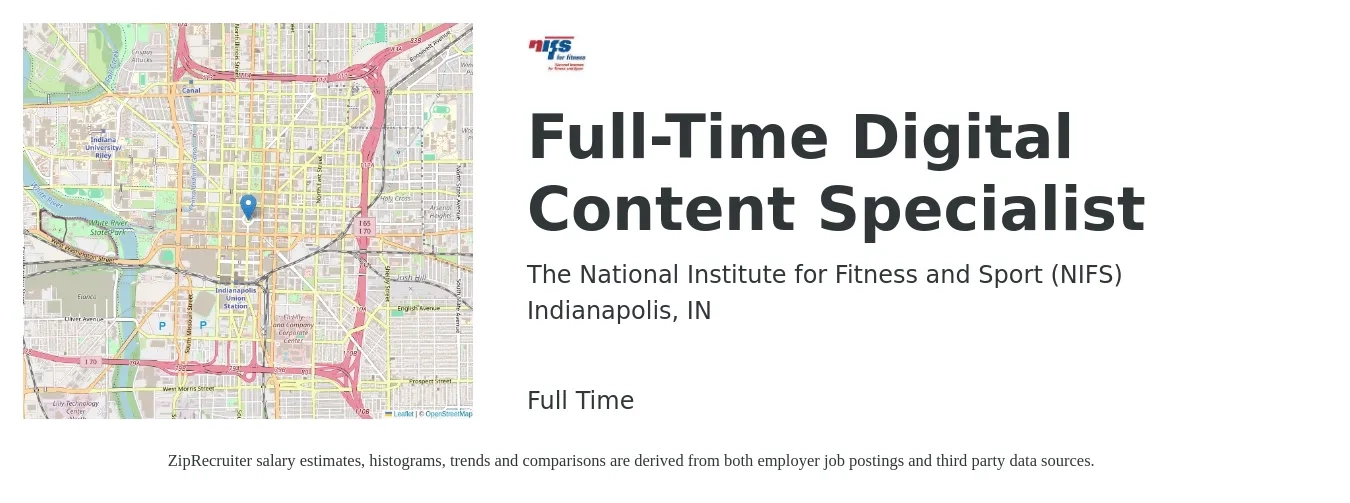 The National Institute for Fitness and Sport (NIFS) job posting for a Full-Time Digital Content Specialist in Indianapolis, IN with a salary of $54,500 Yearly with a map of Indianapolis location.