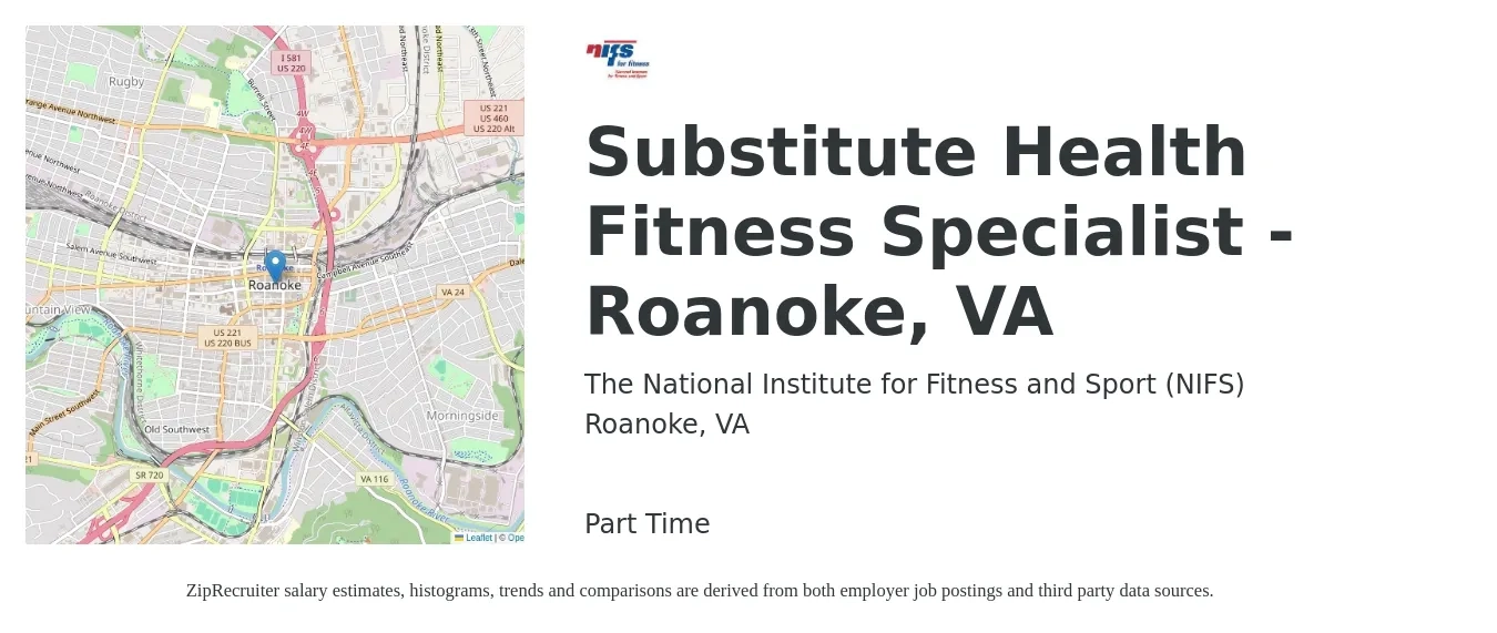 The National Institute for Fitness and Sport (NIFS) job posting for a Substitute Health Fitness Specialist - Roanoke, VA in Roanoke, VA with a salary of $25 Hourly with a map of Roanoke location.