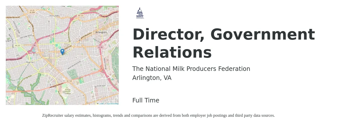 The National Milk Producers Federation job posting for a Director, Government Relations in Arlington, VA with a salary of $111,200 to $154,400 Yearly with a map of Arlington location.