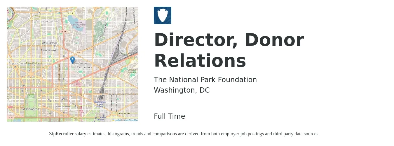 The National Park Foundation job posting for a Director, Donor Relations in Washington, DC with a salary of $67,900 to $101,900 Yearly with a map of Washington location.