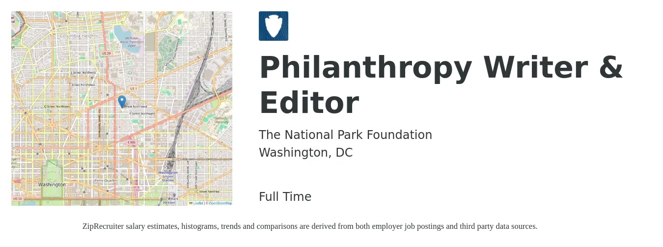 The National Park Foundation job posting for a Philanthropy Writer & Editor in Washington, DC with a salary of $73,600 to $114,900 Yearly with a map of Washington location.