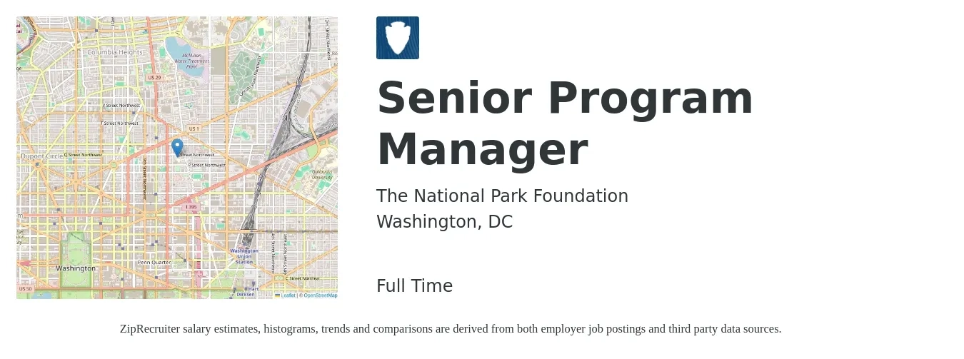 The National Park Foundation job posting for a Senior Program Manager in Washington, DC with a salary of $131,400 to $131,900 Yearly with a map of Washington location.