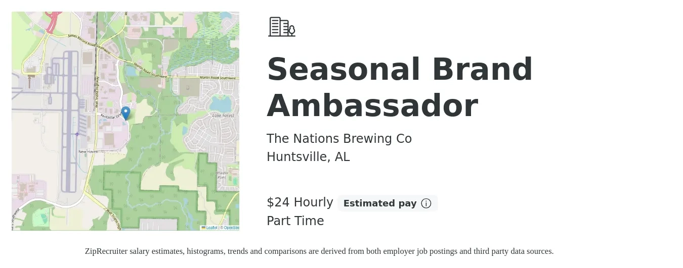 The Nations Brewing Co job posting for a Seasonal Brand Ambassador in Huntsville, AL with a salary of $25 Hourly with a map of Huntsville location.