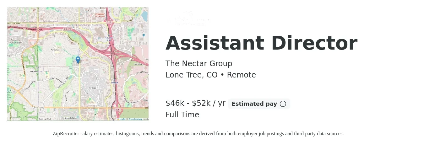 The Nectar Group job posting for a Assistant Director in Lone Tree, CO with a salary of $46,000 to $52,000 Yearly with a map of Lone Tree location.