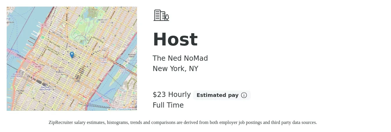 The Ned NoMad job posting for a Host in New York, NY with a salary of $24 Hourly with a map of New York location.