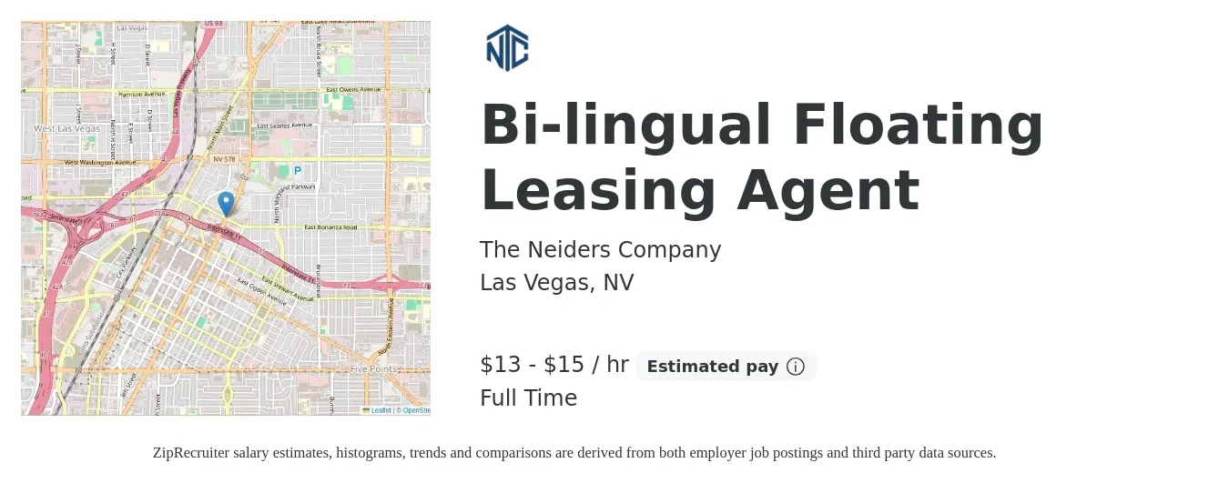 The Neiders Company job posting for a Bi-lingual Floating Leasing Agent in Las Vegas, NV with a salary of $14 to $16 Hourly with a map of Las Vegas location.