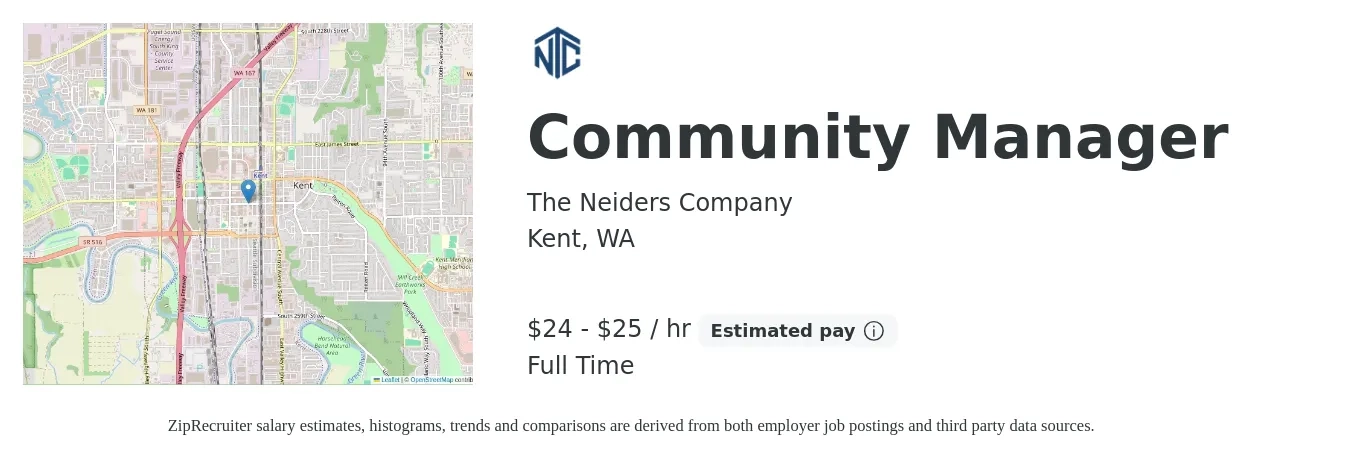 The Neiders Company job posting for a Community Manager in Kent, WA with a salary of $25 to $27 Hourly with a map of Kent location.