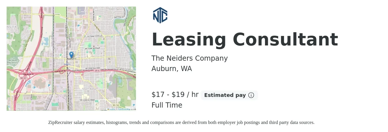 The Neiders Company job posting for a Leasing Consultant in Auburn, WA with a salary of $18 to $20 Hourly with a map of Auburn location.