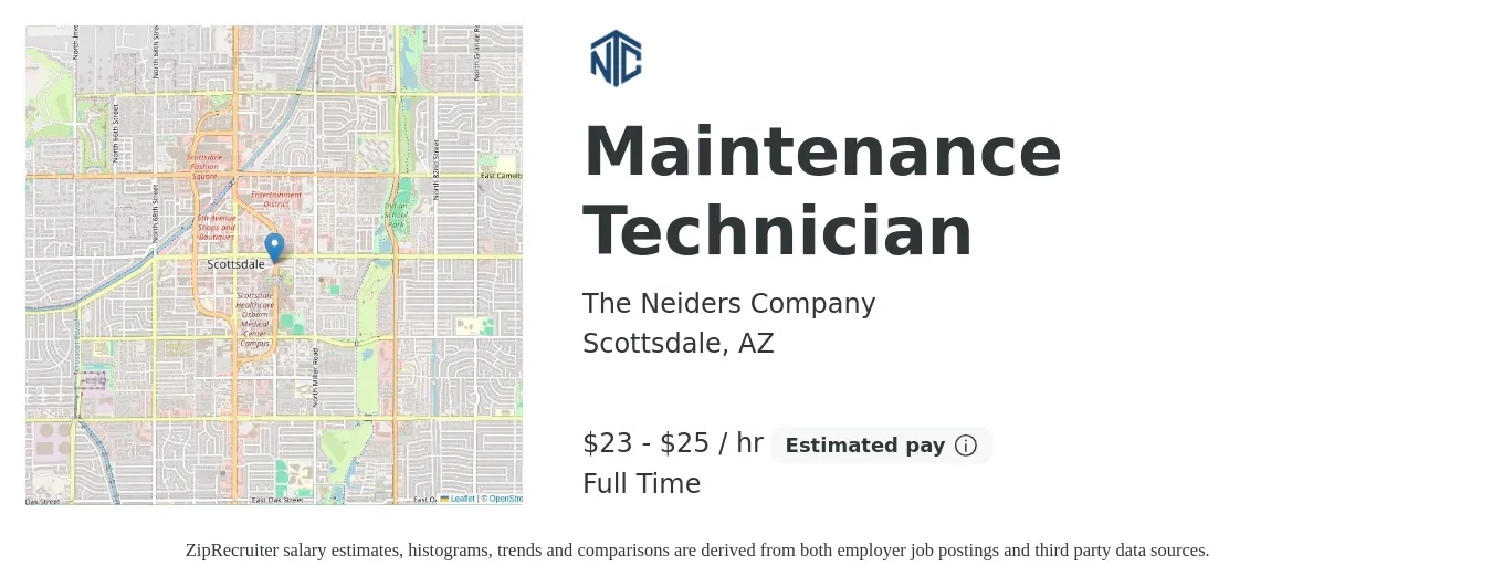 The Neiders Company job posting for a Maintenance Technician in Scottsdale, AZ with a salary of $24 to $26 Hourly with a map of Scottsdale location.