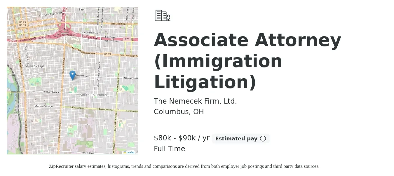 The Nemecek Firm, Ltd. job posting for a Associate Attorney (Immigration Litigation) in Columbus, OH with a salary of $80,000 to $90,000 Yearly with a map of Columbus location.