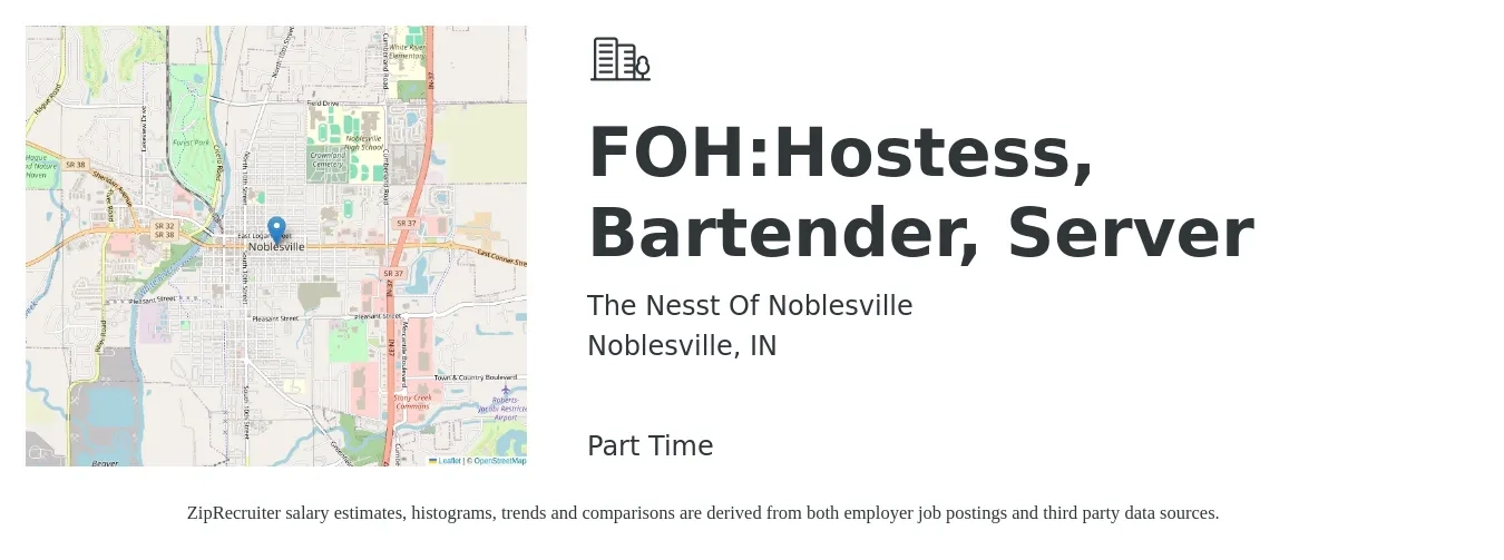 The Nesst Of Noblesville job posting for a FOH:Hostess, Bartender, Server in Noblesville, IN with a salary of $150 to $600 Weekly with a map of Noblesville location.