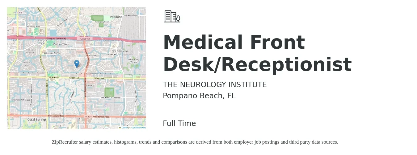 THE NEUROLOGY INSTITUTE job posting for a Medical Front Desk/Receptionist in Pompano Beach, FL with a salary of $14 to $18 Hourly with a map of Pompano Beach location.