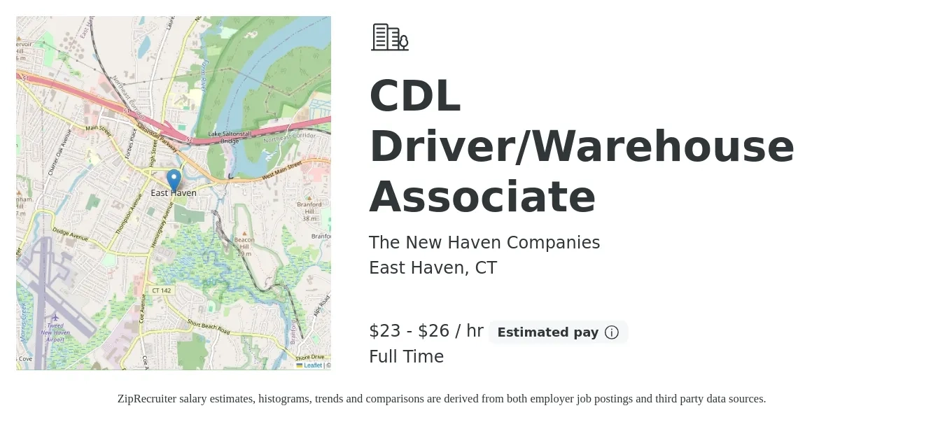 The New Haven Companies job posting for a CDL Driver/Warehouse Associate in East Haven, CT with a salary of $24 to $28 Hourly with a map of East Haven location.