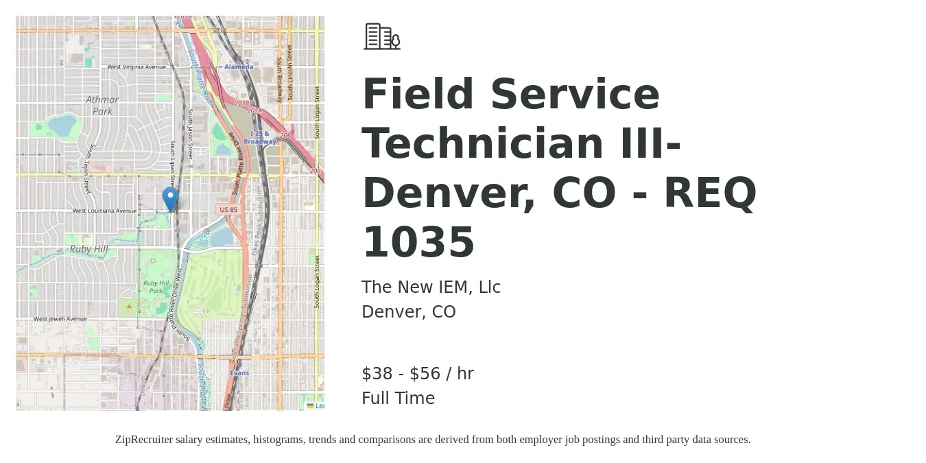 The New IEM, Llc job posting for a Field Service Technician III- Denver, CO - REQ 1035 in Denver, CO with a salary of $40 to $59 Hourly with a map of Denver location.