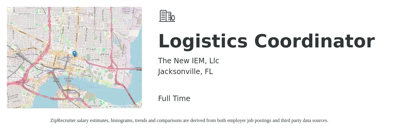 The New IEM, Llc job posting for a Logistics Coordinator in Jacksonville, FL with a salary of $19 to $26 Hourly with a map of Jacksonville location.