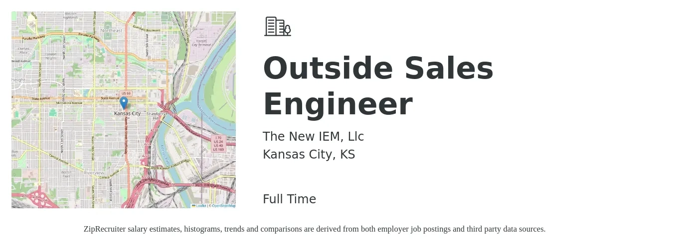 The New IEM, Llc job posting for a Outside Sales Engineer in Kansas City, KS with a salary of $67,500 to $107,500 Yearly with a map of Kansas City location.