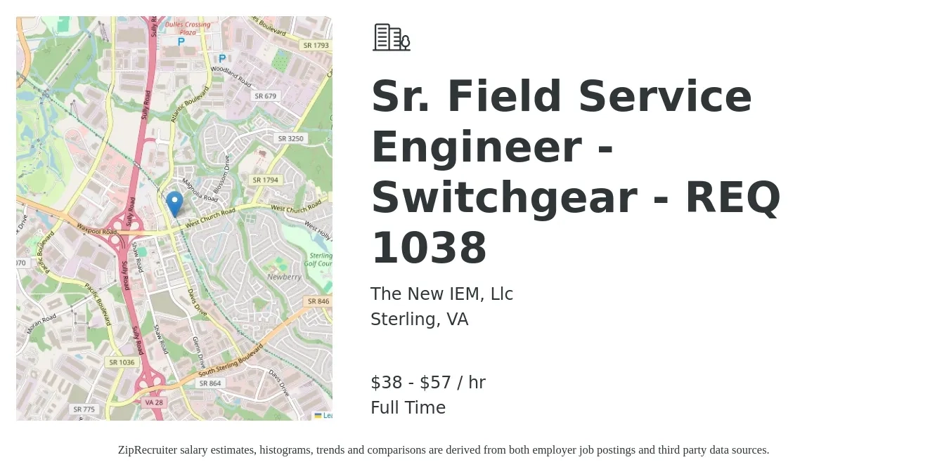 The New IEM, Llc job posting for a Sr. Field Service Engineer - Switchgear - REQ 1038 in Sterling, VA with a salary of $40 to $60 Hourly with a map of Sterling location.