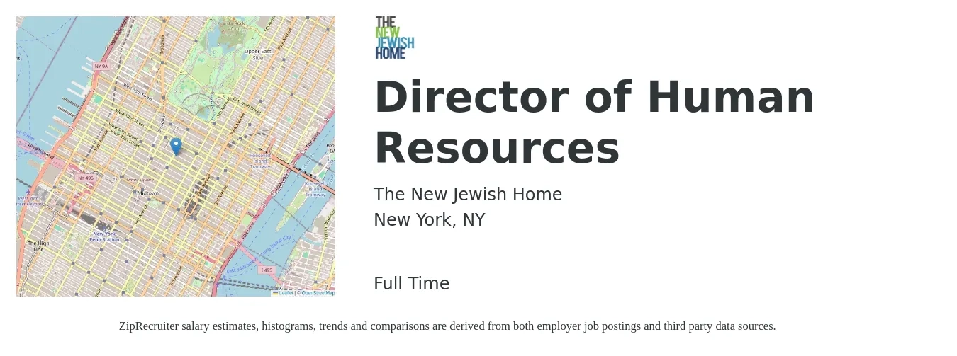 The New Jewish Home job posting for a Director of Human Resources in New York, NY with a salary of $97,400 to $150,200 Yearly with a map of New York location.