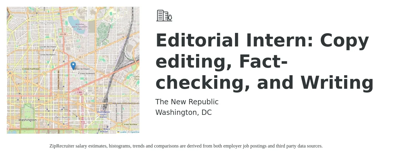 The New Republic job posting for a Editorial Intern: Copy editing, Fact-checking, and Writing in Washington, DC with a salary of $17 to $19 Hourly with a map of Washington location.