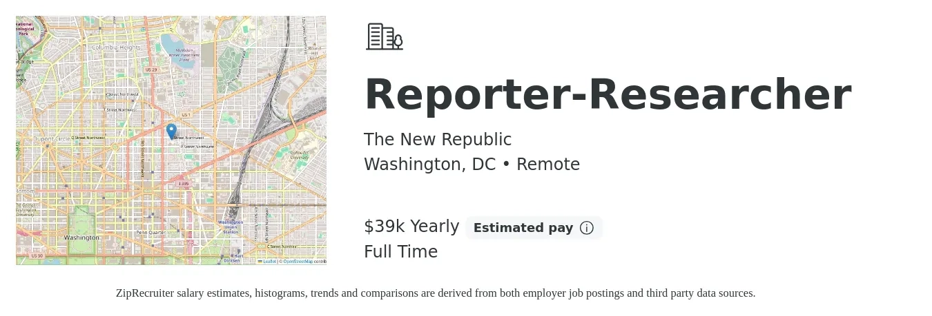 The New Republic job posting for a Reporter-Researcher in Washington, DC with a salary of $39,649 Yearly with a map of Washington location.