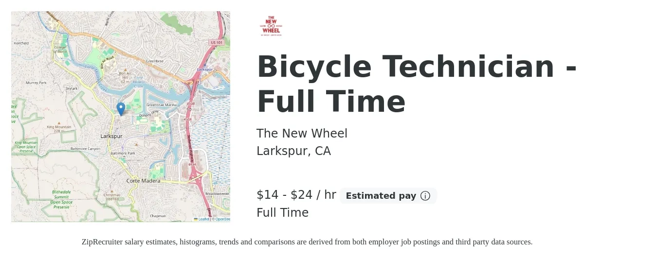 The New Wheel job posting for a Bicycle Technician - Full Time in Larkspur, CA with a salary of $15 to $25 Hourly with a map of Larkspur location.