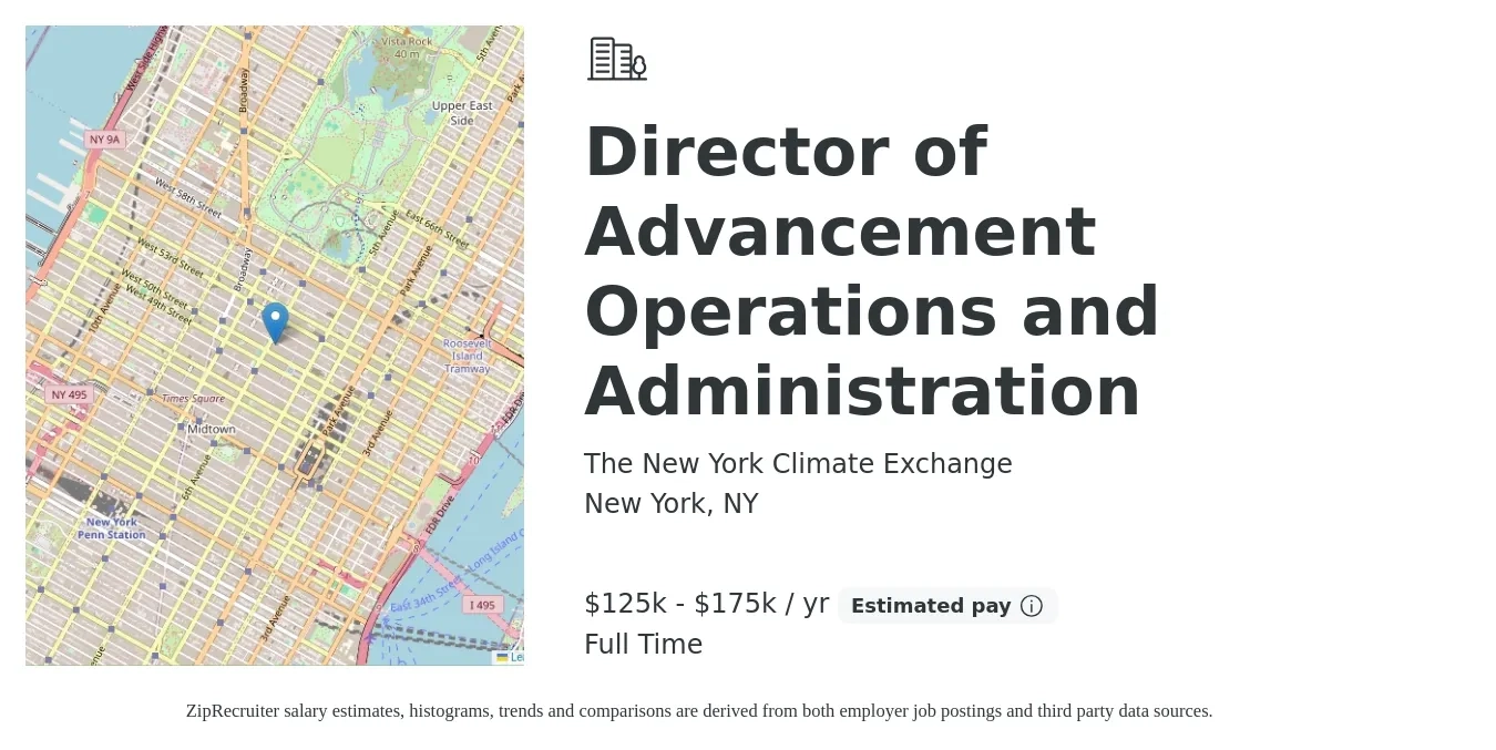 The New York Climate Exchange job posting for a Director of Advancement Operations and Administration in New York, NY with a salary of $125,000 to $175,000 Yearly with a map of New York location.