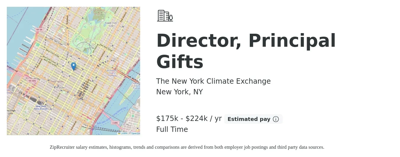 The New York Climate Exchange job posting for a Director, Principal Gifts in New York, NY with a salary of $175,000 to $224,998 Yearly with a map of New York location.