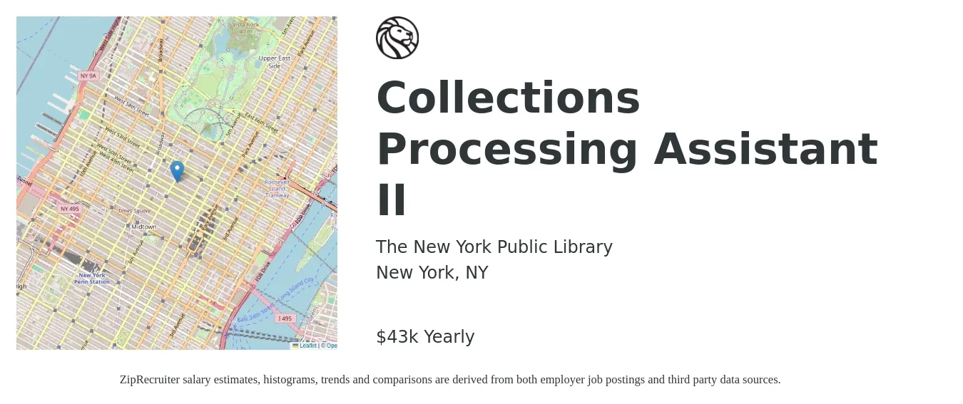 The New York Public Library job posting for a Collections Processing Assistant II in New York, NY with a salary of $39,617 Yearly with a map of New York location.
