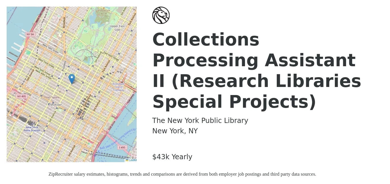 The New York Public Library job posting for a Collections Processing Assistant II (Research Libraries Special Projects) in New York, NY with a salary of $43,291 Yearly with a map of New York location.