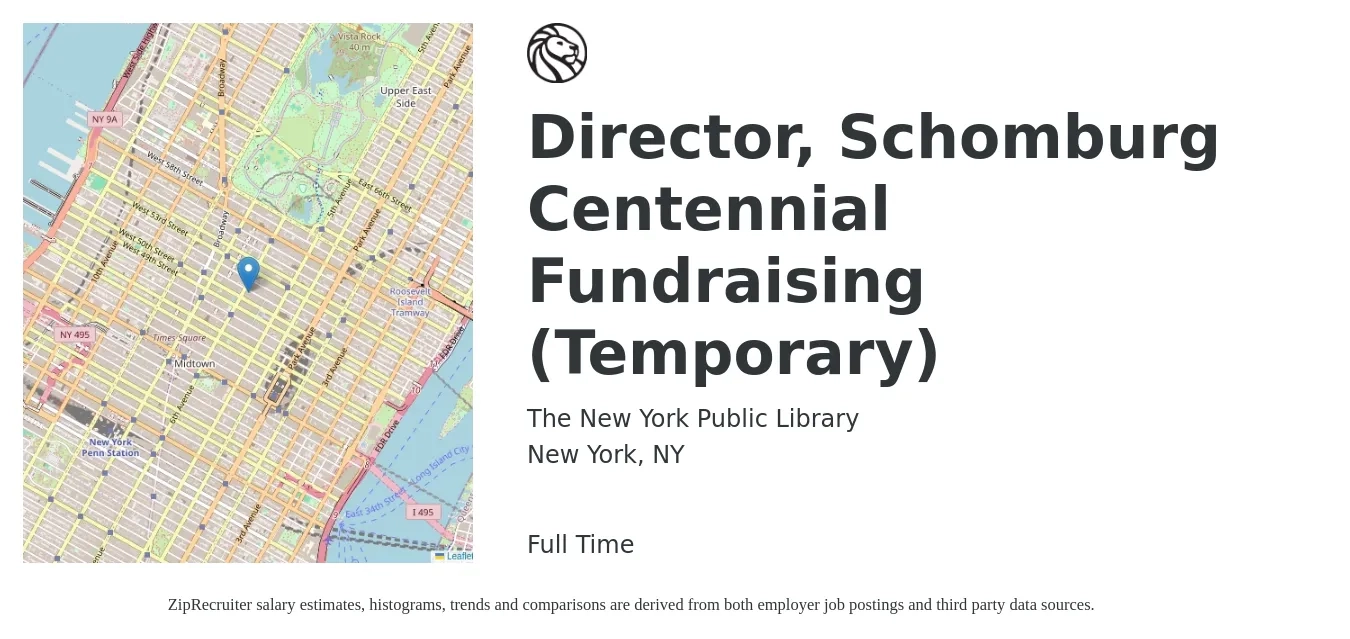 The New York Public Library job posting for a Director, Schomburg Centennial Fundraising (Temporary) in New York, NY with a salary of $60,200 to $103,400 Yearly with a map of New York location.