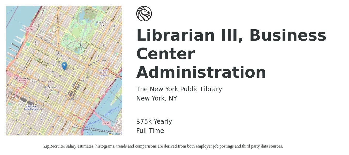 The New York Public Library job posting for a Librarian III, Business Center Administration in New York, NY with a salary of $56,300 to $82,100 Yearly with a map of New York location.