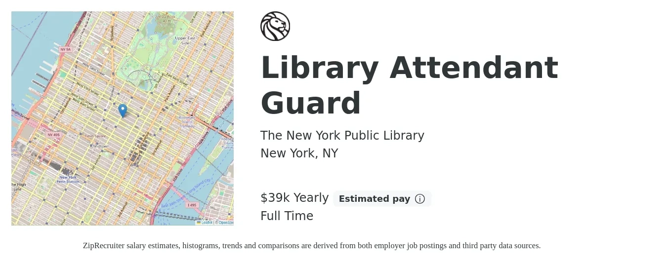 The New York Public Library job posting for a Library Attendant Guard in New York, NY with a salary of $18 to $24 Hourly with a map of New York location.