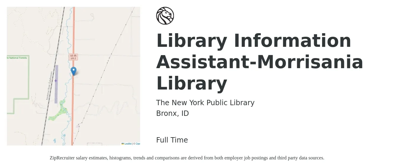 The New York Public Library job posting for a Library Information Assistant-Morrisania Library in Bronx, ID with a salary of $16 to $22 Hourly with a map of Bronx location.