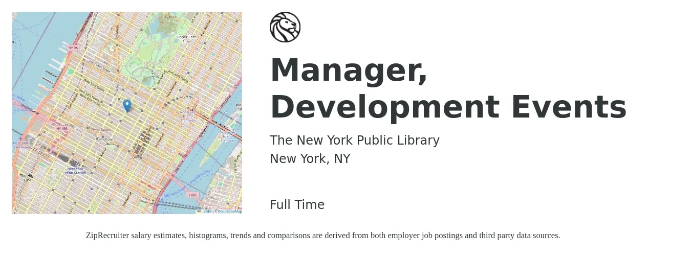 The New York Public Library job posting for a Manager, Development Events in New York, NY with a salary of $64,000 to $99,000 Yearly with a map of New York location.
