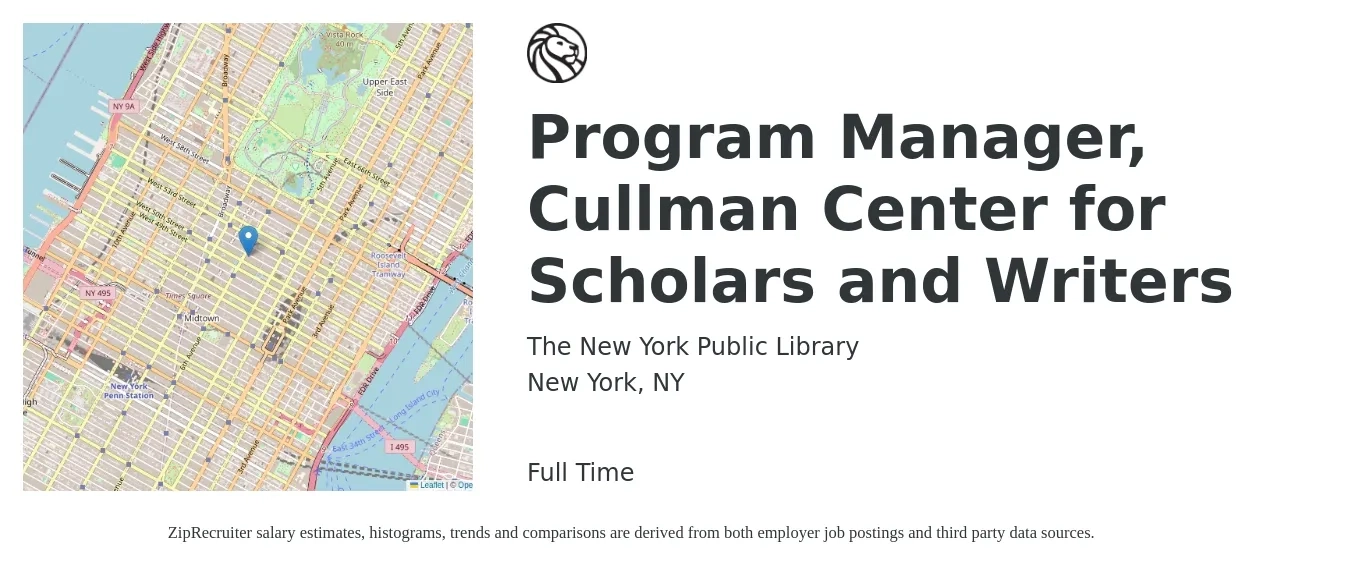The New York Public Library job posting for a Program Manager, Cullman Center for Scholars and Writers in New York, NY with a salary of $65,000 to $75,000 Yearly with a map of New York location.