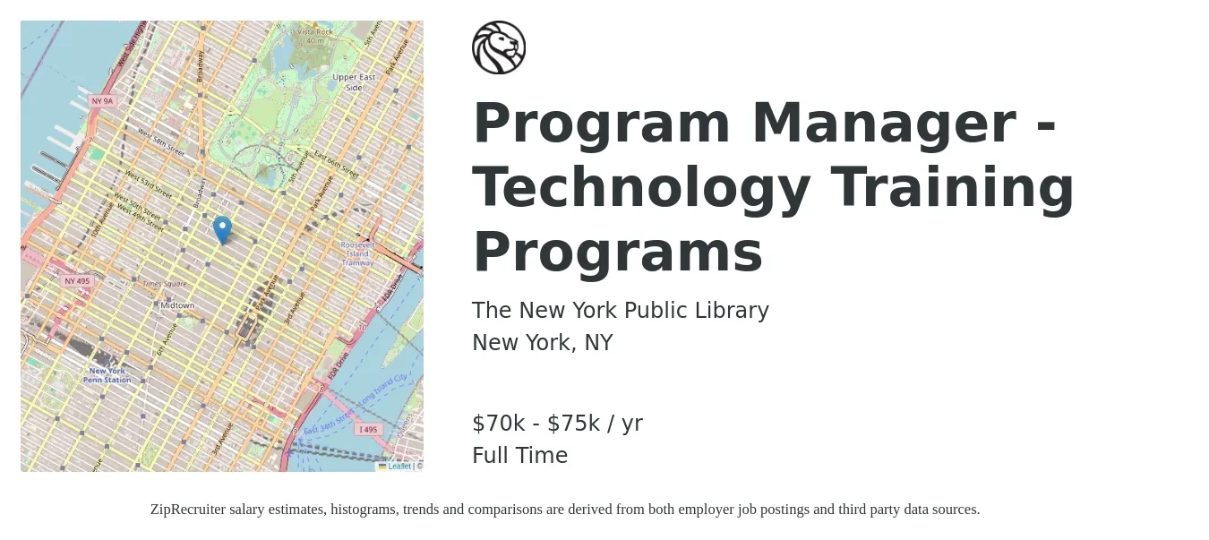 The New York Public Library job posting for a Program Manager - Technology Training Programs in New York, NY with a salary of $70,000 to $75,000 Yearly with a map of New York location.