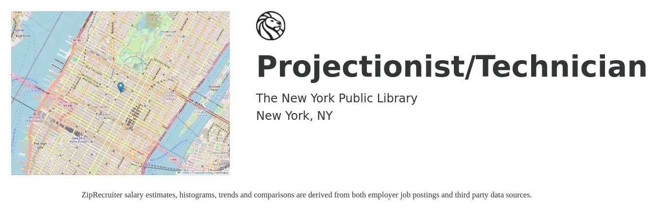 The New York Public Library job posting for a Projectionist/Technician in New York, NY with a salary of $25 to $37 Hourly with a map of New York location.