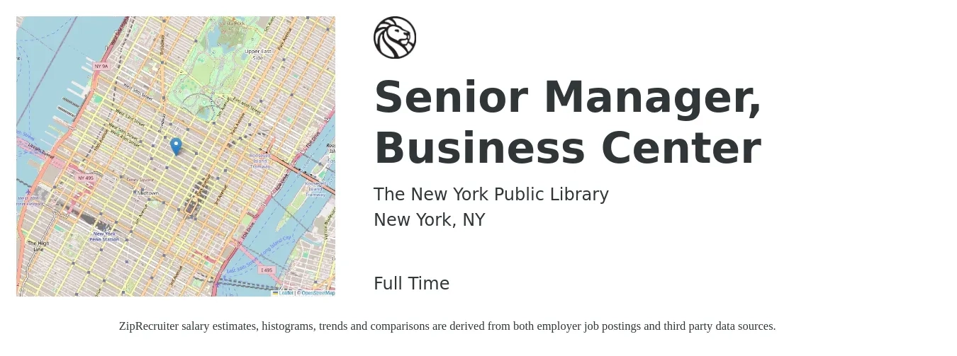 The New York Public Library job posting for a Senior Manager, Business Center in New York, NY with a salary of $110,500 to $167,400 Yearly with a map of New York location.