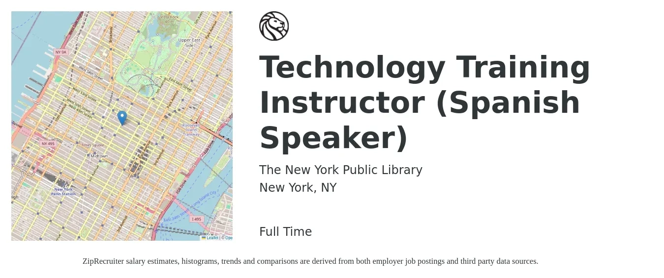 The New York Public Library job posting for a Technology Training Instructor (Spanish Speaker) in New York, NY with a salary of $22 to $38 Hourly with a map of New York location.