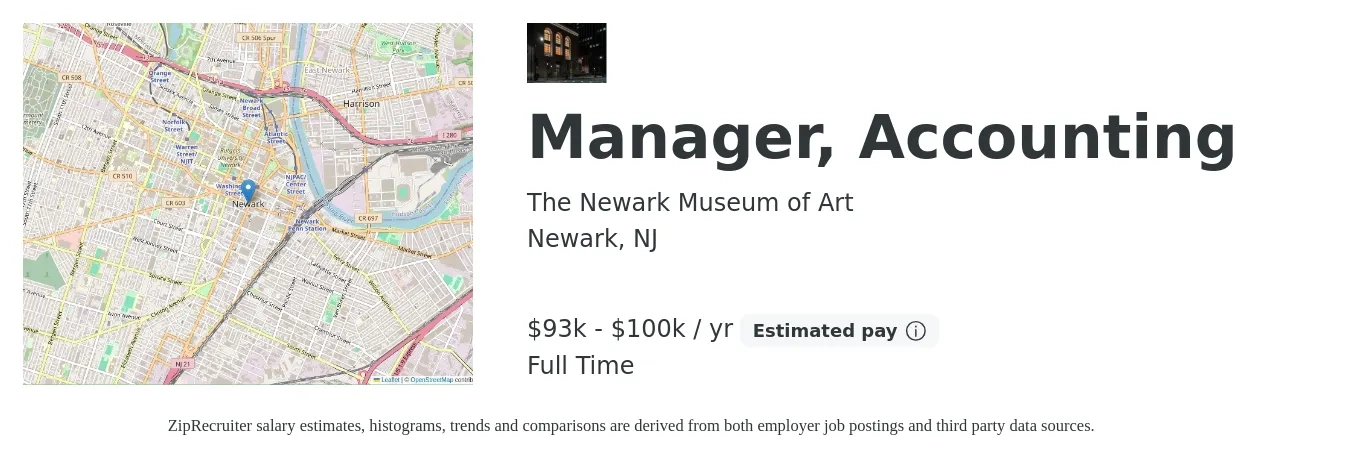 The Newark Museum of Art job posting for a Manager, Accounting in Newark, NJ with a salary of $93,000 to $100,000 Yearly with a map of Newark location.