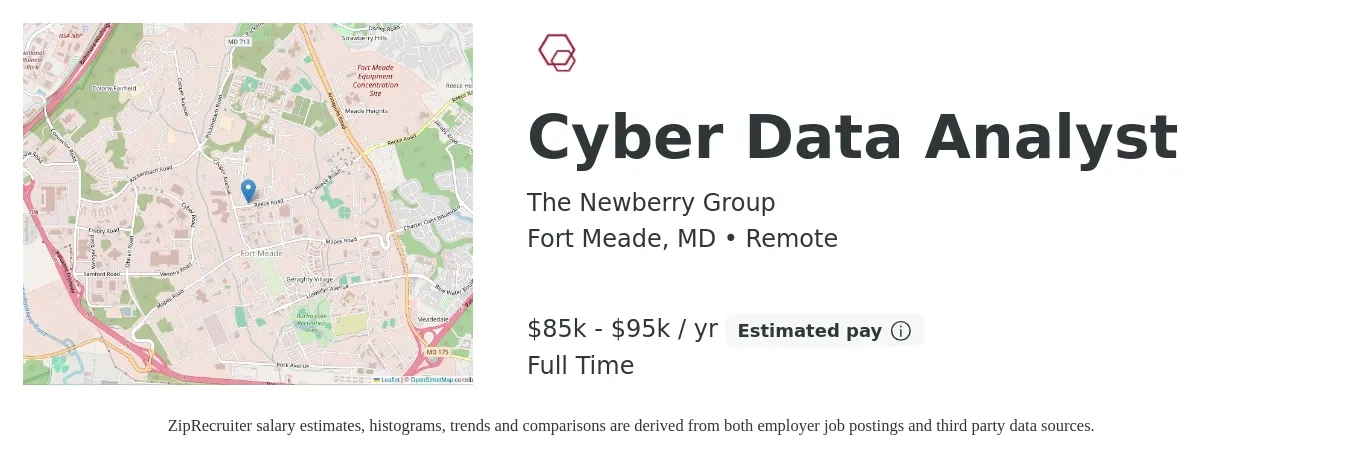 The Newberry Group job posting for a Cyber Data Analyst in Fort Meade, MD with a salary of $85,000 to $95,000 Yearly with a map of Fort Meade location.