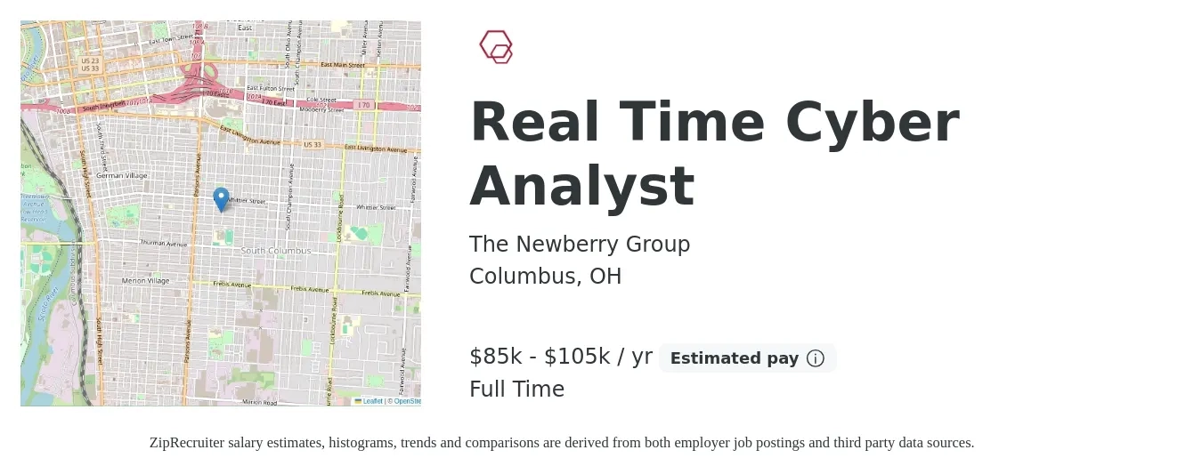 The Newberry Group job posting for a Real Time Cyber Analyst in Columbus, OH with a salary of $85,000 to $105,000 Yearly with a map of Columbus location.