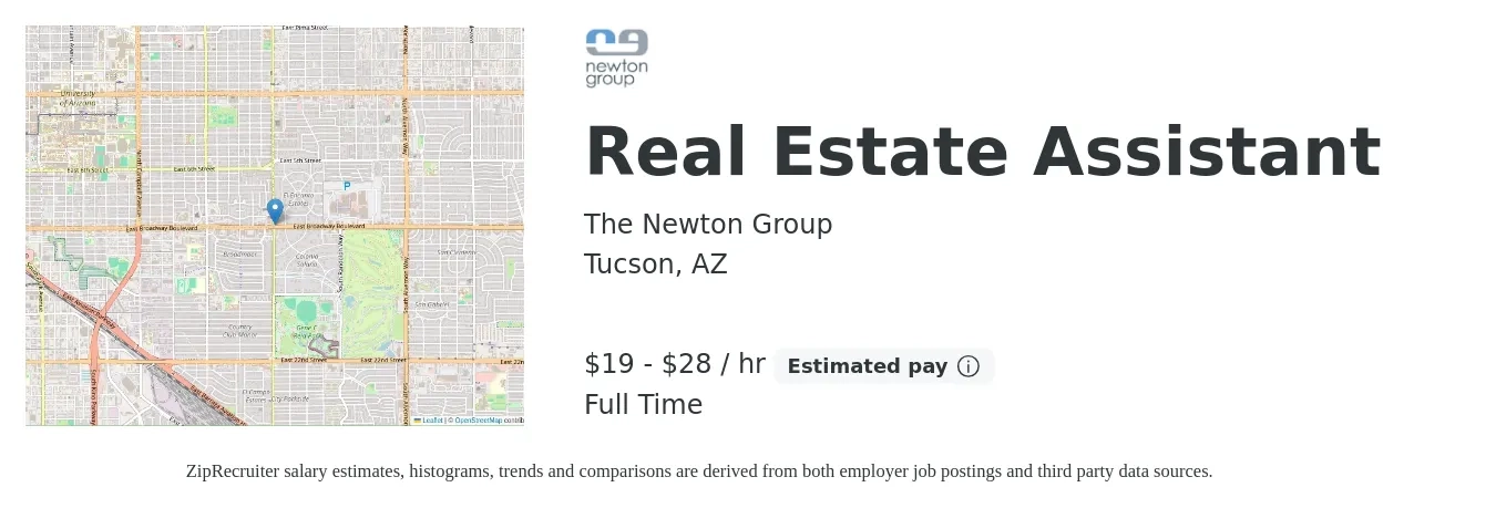 The Newton Group job posting for a Real Estate Assistant in Tucson, AZ with a salary of $20 to $30 Hourly and benefits including pto, and retirement with a map of Tucson location.