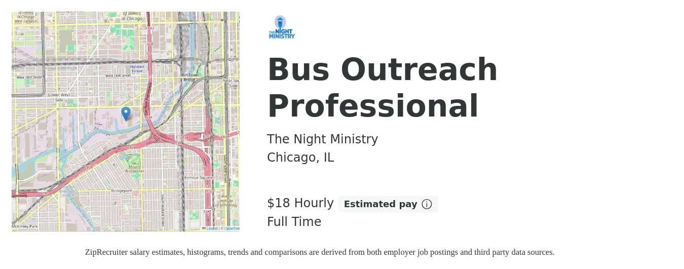 The Night Ministry job posting for a Bus Outreach Professional in Chicago, IL with a salary of $19 Hourly with a map of Chicago location.