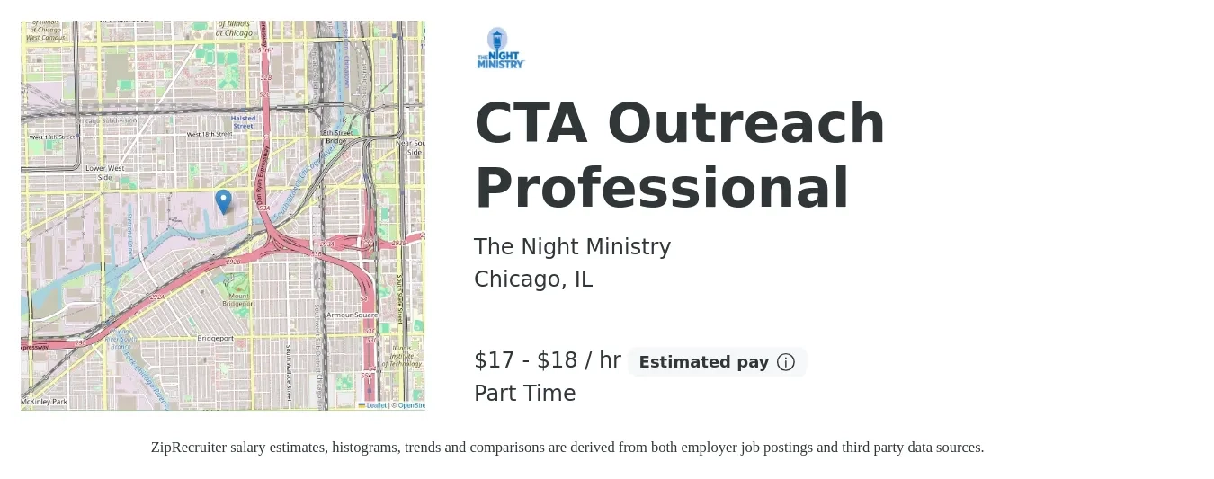 The Night Ministry job posting for a CTA Outreach Professional in Chicago, IL with a salary of $18 to $19 Hourly with a map of Chicago location.