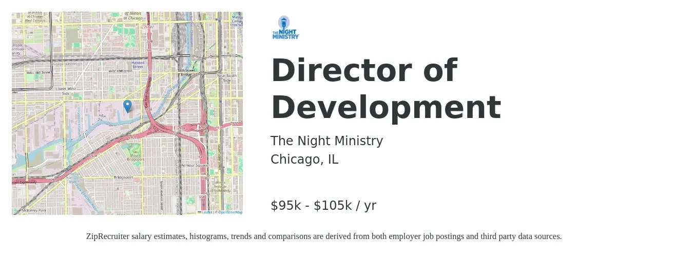 The Night Ministry job posting for a Director of Development in Chicago, IL with a salary of $95,000 to $105,000 Yearly with a map of Chicago location.