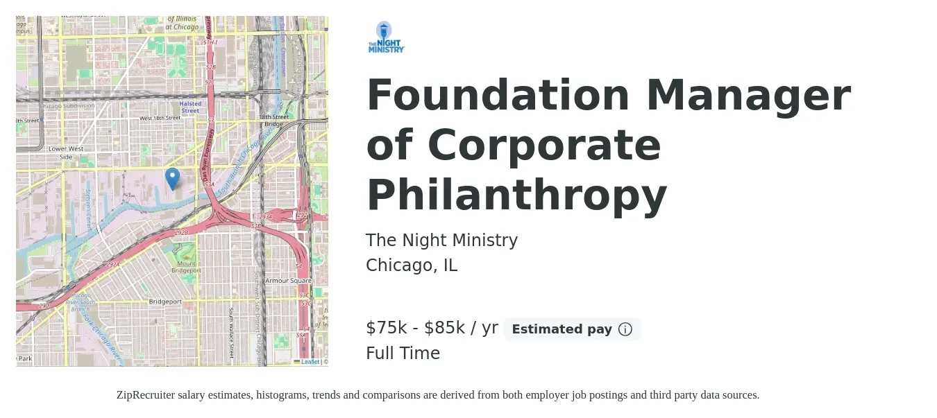 The Night Ministry job posting for a Foundation Manager of Corporate Philanthropy in Chicago, IL with a salary of $36 to $41 Hourly with a map of Chicago location.
